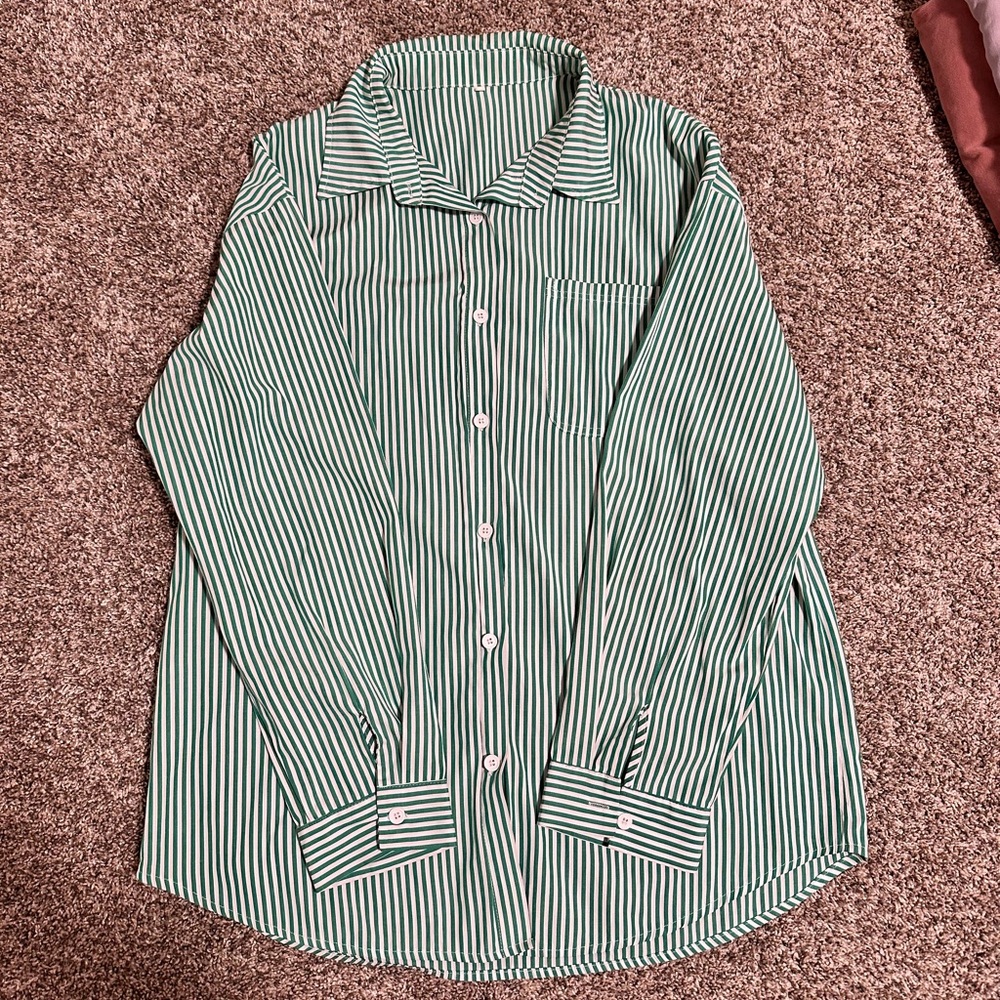 Green Striped Button-Up Shirt